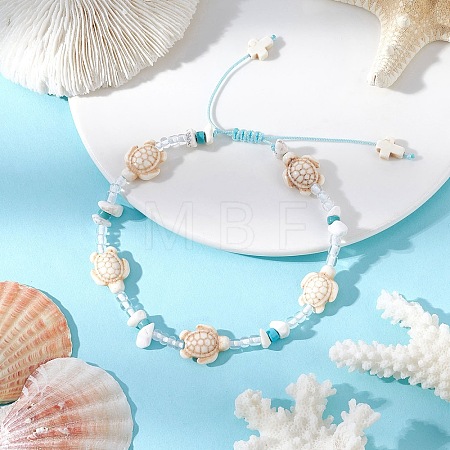 Turtle Cross Synthetic Turquoise & Magnesite & Glass Seed Braided Beaded Adjustable Anklets AJEW-AN00652-1