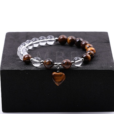 Round Natural Tiger Eye & Quartz Crystal Beaded Stretch Bracelets XW2849-2-1