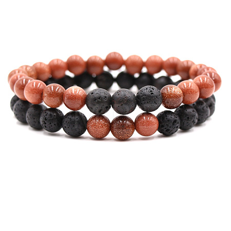 2Pcs 2 Styles Synthetic Goldstone & Natural Lava Rock Round Beaded Stretch Bracelets for Couple FS-WGA2A2E-03-1