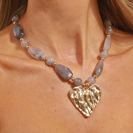 Zinc Alloy Textured Heart Pendant Resin Beaded Necklaces for Women FS-WG268AD-02-1