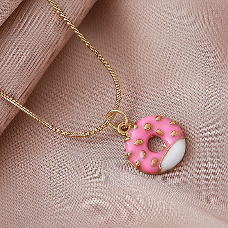 Vintage Style Stainless Steel Enamel Pink Dessert Donut Pendant Necklaces for Women KI9226-1