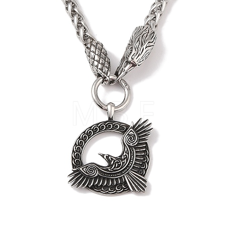 304 Stainless Steel Wheat Chain Raven Viking Huginn Muninn Pendant Necklaces for Men NJEW-K278-07AS-1