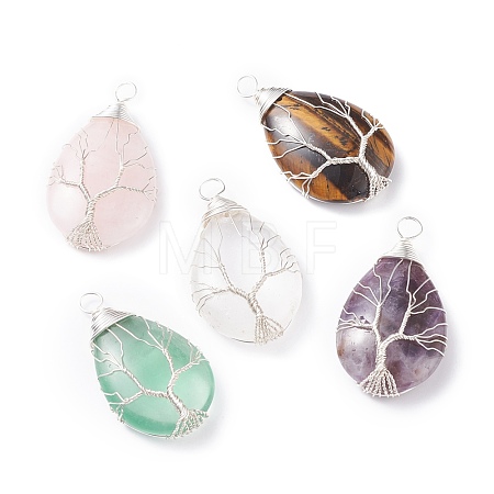 Natural Amethyst & Natural Tiger Eye & Natural Green Fluorite & Natural Rose Quartz & Natural Quartz Crystal  Pendants PALLOY-JF01307-1
