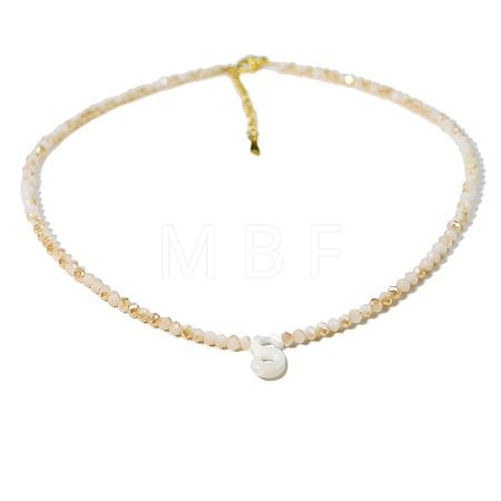 Natural White Shell Letter Faceted Glass Beaded Necklaces with 304 Stainless Steel End Chains SS7282-18-1