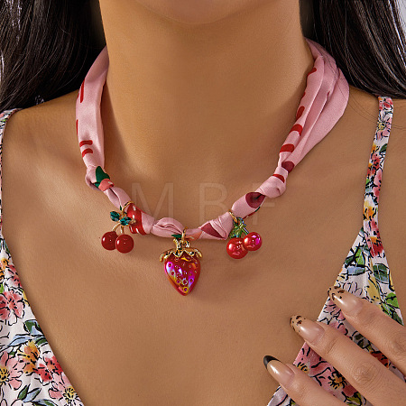 Printed Cloth Scarf Necklaces with Zinc Alloy Rhinestone & Resin Strawberry Cherry Pendants FS-WG7AF07-04-1