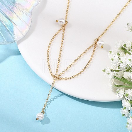 White Round Shell Pearl Pendant Brass Cable Chain Necklaces for Women NJEW-JN06349-1