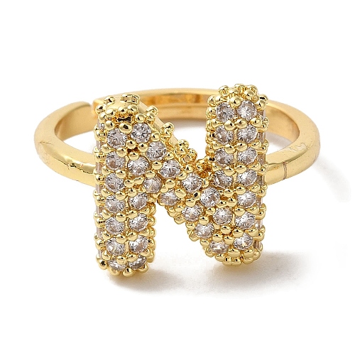 Rack Plating Letter Brass Micro Pave Clear Cubic Zirconia Adjustable Rings for Women KK-S391-03G-N-1