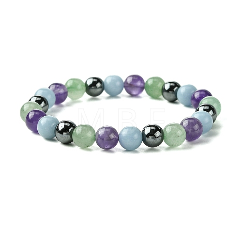 Synthetic Non-Magnetic Hematite & Natural Green Aventurine & Natural Amethyst & Natural Ang Round Beaded Stretch Bracelets BJEW-JB10910-08-1