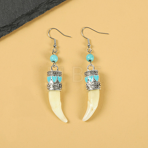Natural Gemstone Wolf Tooth Shape Dangle Earrings with Real Tibetan Mastiff Dog Tooth FX9729-1-1
