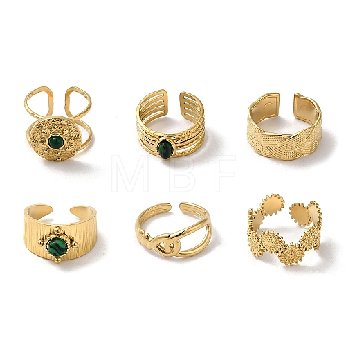 6Pcs 6 Style Flat Round & Oval & Hollow 304 Stainless Steel Open Cuff Rings Set RJEW-P092-05G-M-1