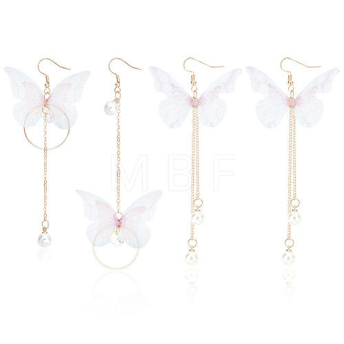 2 Pairs 2 Style Fabric Butterfly with Plastic Pearl Beaded Dangle Earrings EJEW-AN0002-84-1