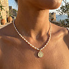 304 Stainless Steel Saint Benedict Medal Pendant Glass and Brass Beaded Short Necklaces for Women Daily Wear AB8901-1