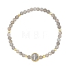 Religion Natural Labradorite Beaded Stretch Bracelets with Brass Flat Round with Cross Beads BJEW-JB14360-01-3