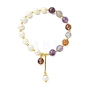Round Natural Lodolite Quartz & Cultured Freshwater Pearl Beaded Charm Bracelets BJEW-JB14061-03-3