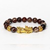 Golden Plated Alloy Pi Xiu 8MM Natural Coffee Banded Agate(Dyed & Heated) Round Beaded Stretch Bracelet for Men QJ0349-4-1