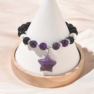 Natural Amethyst & Lava Rock & Shell Pearl Charm Bracelets BJEW-JB13705-01-1