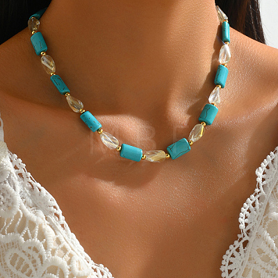 Bohemian Style Handmade Rectangle Synthetic Turquoise & Faceted Teardrop Glass Beaded Necklaces for Women's Date Gift TF2748-1
