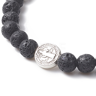 Natural Lava Rock & Alloy Saint Benedict Medal Beaded Strech Bracelet for Women BJEW-JB09345-01-1