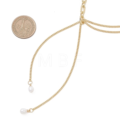 Natural Pearl Round Tassel Brass Twisted Chain Cable Chain Lariat Necklaces NJEW-JN05843-1