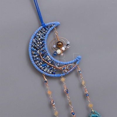 Natural Lapis Lazuli & Tiger Eye Chip Wire Wrapped Moon with Tree of Life Hanging Ornaments PW-WG27913-01-1