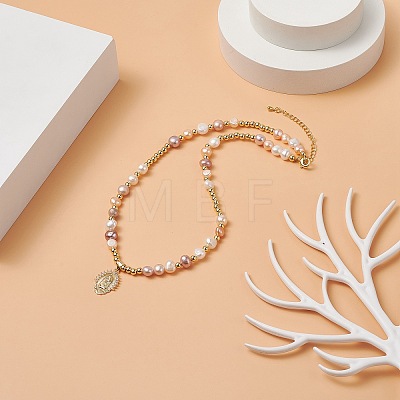 Brass Virgin Mary Pendant Necklace with Natural Pearl Beaded Chains for Women NJEW-JN04144-02-1