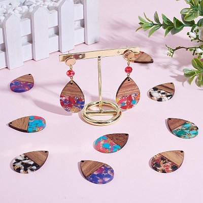 16Pcs 8 Styles Transparent Resin & Walnut Wood Pendants RESI-SZ0001-78-1