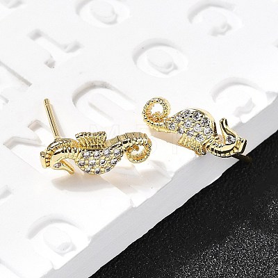 Sea Horse Brass Micro Pave Cubic Zirconia Ear Studs EJEW-D304-38G-1