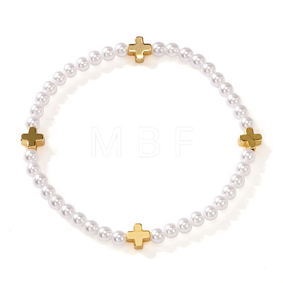 Summer Brass Cross and Round Imitation Pearl Beaded Stretch Bracelets for Women NA3901-1