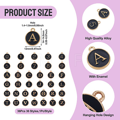 36Pcs 36 Styles Letter A~Z & Number 0~9 Alloy Enamel Charms ENAM-TA0003-11A-1