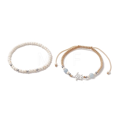 2Pcs 2 Style Synthetic Turquoise(Dyed) & Natural White Jade Braided Bead Bracelets Set BJEW-JB09255-1
