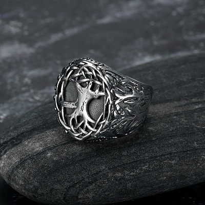 Retro 316 Stainless Steel Tree of Life Finger Rings FIND-PW0020-09G-1