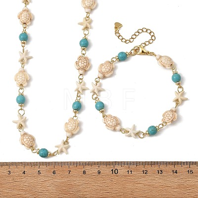 Starfish & Turtle Synthetic Turquoise Beaded Necklace & Bracelet Sets SJEW-JS01385-01-1