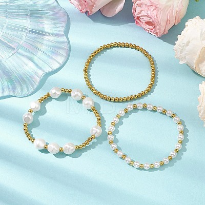 3Pcs 3 Styles 304 Stainless Steel & Resin & ABS Plastic Imitation Pearl Beaded Stretch Bracelet Sets BJEW-JB10874-1