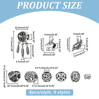 36Pcs 9 Styles Alloy European Beads MPDL-ME0001-09-1