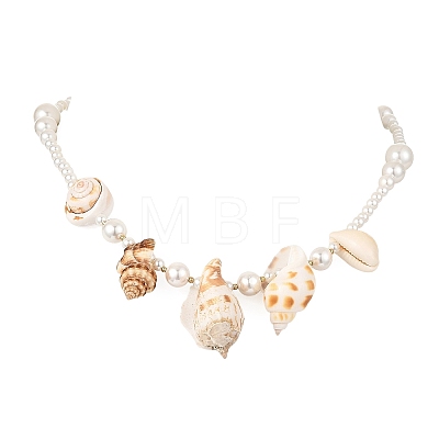 Ocean Natural Mixed Shell & Round White Shell Pearl Beaded Necklaces for Women NJEW-TA00249-1