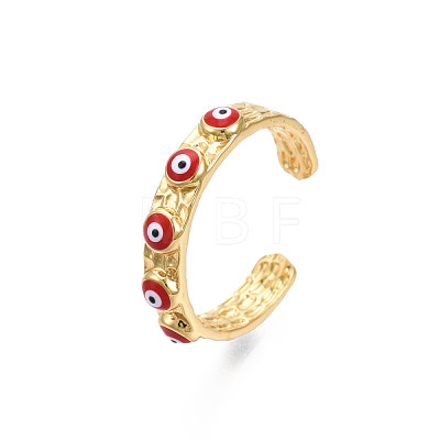 Real 18K Gold Plated Brass Open Cuff Ring with Enamel Evil Eye for Women RJEW-Q166-02D-1