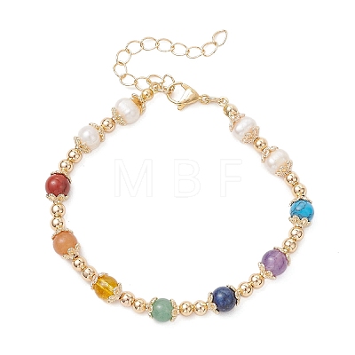 Gemstone & Natural Cultured Freshwater Pearl & Brass Beaded Bracelets for Women BJEW-JB13015-02-1