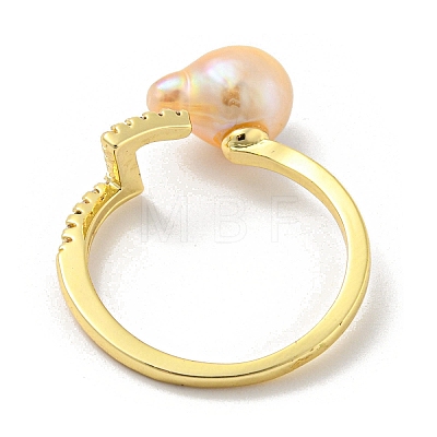 Brass Open Cuff Rings with Natural Pearl RJEW-H220-31G-1