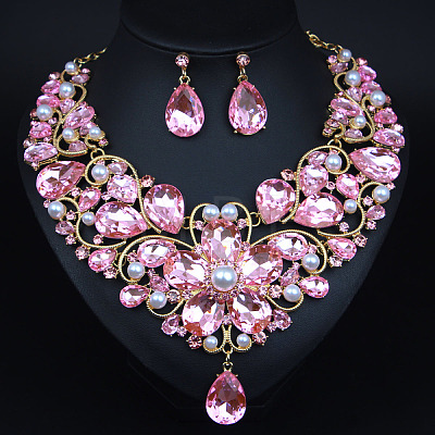 Teardrop Alloy Rhinestone Pendant Necklaces & Stud Earrings Sets for Women WG498A8-03-1