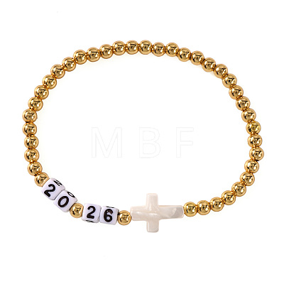 Adjustable New Year 2026 Brass Round Beaded Stretch Bracelets with Natural White Shell Cross OF5922-1