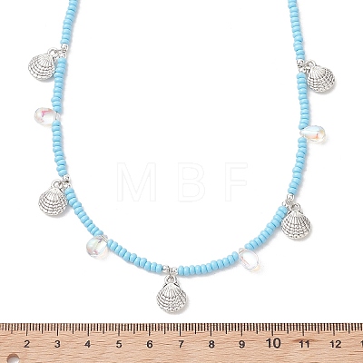 Boho 304 Stainless Steel Shell Shaped Pendant Glass Seed Beaded Necklaces NJEW-MZ00147-01-1