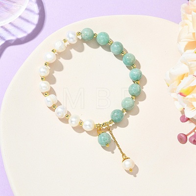 Round Natural Amazonite & Cultured Freshwater Pearl Beaded Charm Bracelets BJEW-JB14061-01-1