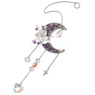 Flower Moon Metal & Natural Amethyst Chips Hanging Suncatcher GG-CBAB970-03B-1