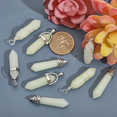 9Pcs 9 Styles Synthetic Luminous Stone Double Terminal Pointed Pendants G-CA0001-72-1