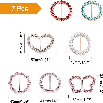  7Pcs Flower & Flat Round & Butterfly & Heart Alloy Rhinestone Buckles JEWB-NB0001-11-1