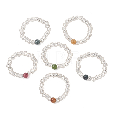 Natural Green Jade Imitation Tourmaline & Glass Beaded Stretch Finger Rings RJEW-JR01006-1