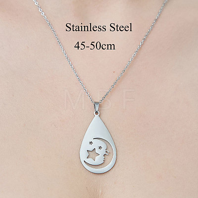 201 Stainless Steel Hollow Teardrop with Moon Pendant Necklace NJEW-OY002-10-1