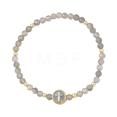 Religion Natural Labradorite Beaded Stretch Bracelets with Brass Flat Round with Cross Beads BJEW-JB14360-01-1
