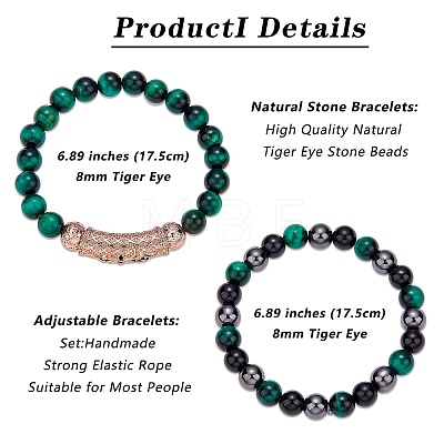 2Pcs 2 Style Natural Tiger Eye & Gemstone Stretch Bracelets Set BJEW-SW00089-1