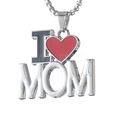 Mother's Day 201 Stainless Steel & Alloy Enamel Heart "I Love Mom Pendant Necklaces FS-WG3172B-01-1